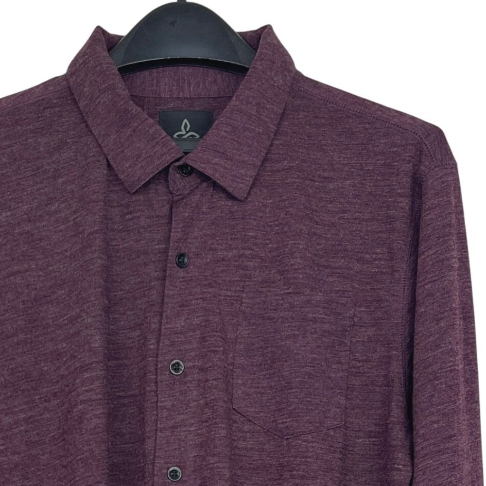 prAna Beaumont WOOL BLEND Mens L‎ Heathered Button Down Shirt Plum Purple